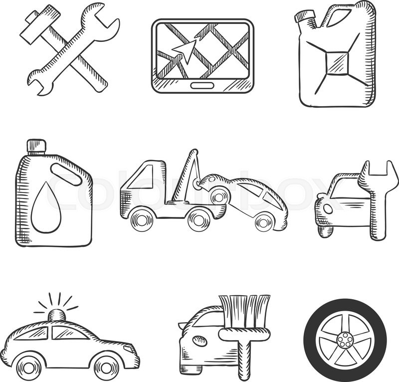 800x766 Car Service Sketch Icons Including Tools, Road Sign, Oil And - Tire Sketch
