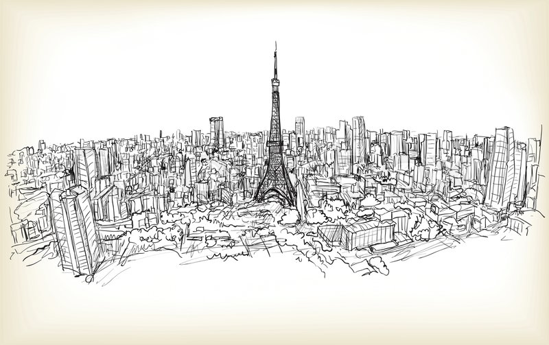 800x503 Sketch Of City Scape Tokyo Tower With Building Skyline, Free Hand - Tokyo Tower Sketch
