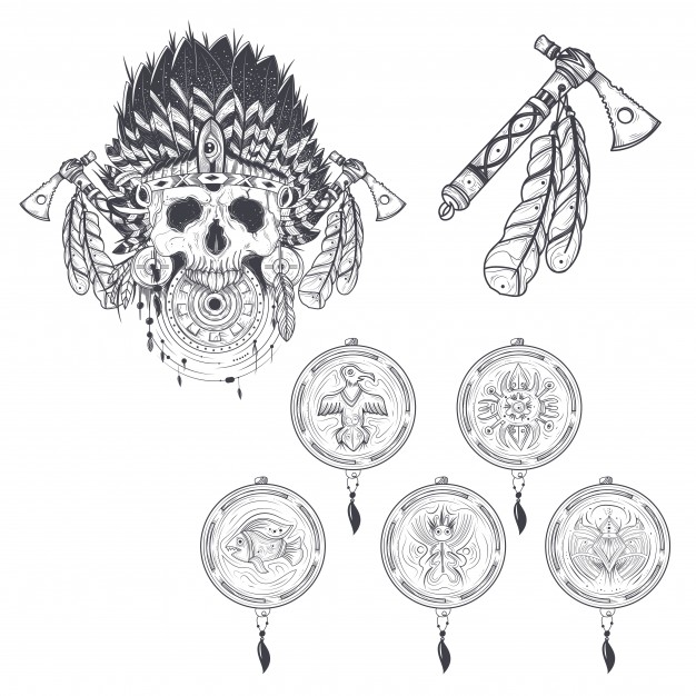 626x626 Set Of Vector Templates For A Tattoo With A Human Skull In An - Tomahawk Sketch