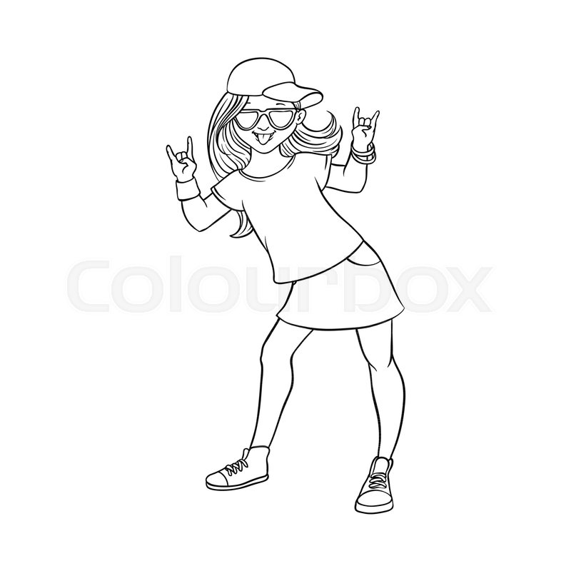 800x800 Young Woman, Teen Girl Showing Rock Sign Gesture Sticking Out - Tongue Sketch