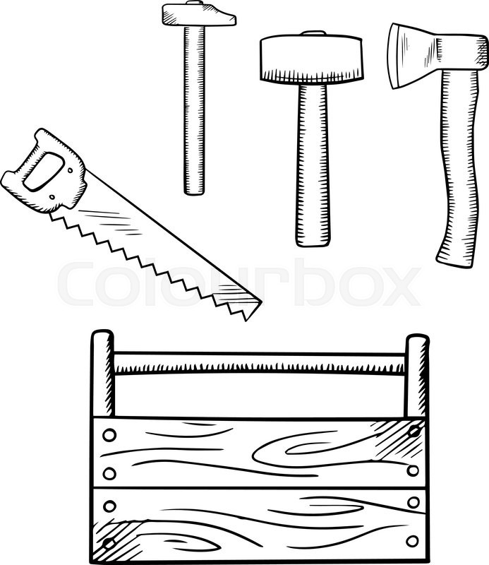693x800 Handmade Wooden Toolbox With Hammers, Axe And Hand Saw, For - Tool Box Sketch