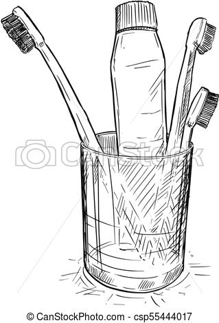 319x470 Vector Hand Drawing Of Toothbrushes And Toothpaste In Glass Cup In - Toothbrush Sketch