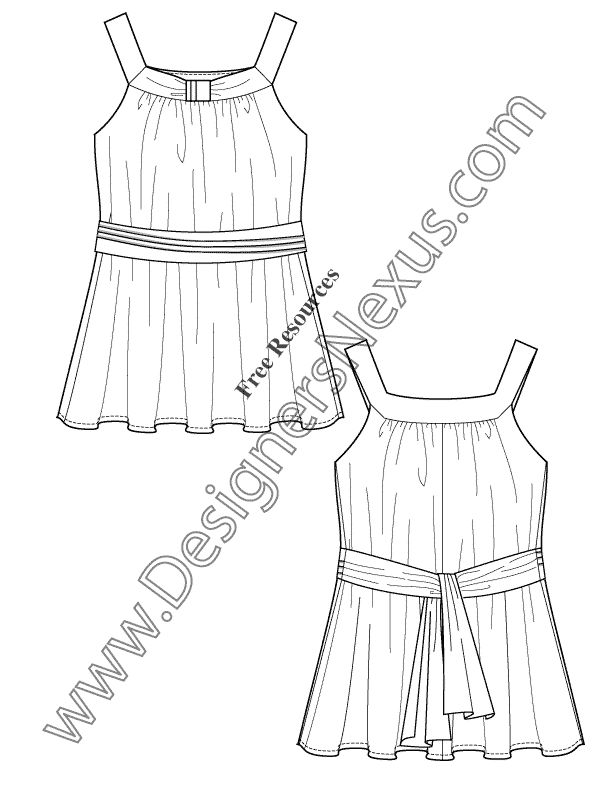 612x792 V56 Sash Waist Top Illustrator Flat Fashion Sketch - Top Sketches