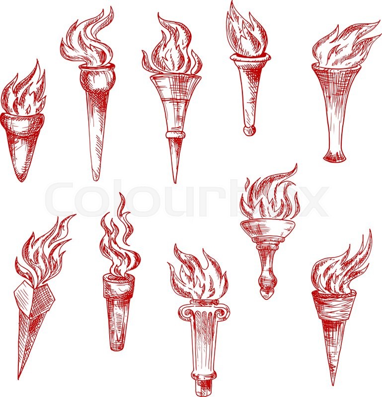 769x800 Old Handheld And Wall Red Flaming Torches Isolated Sketch Icons - Torch Sketch