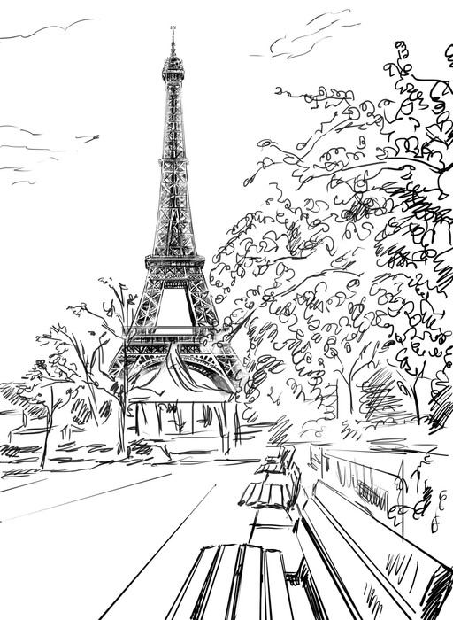 512x700 Street In Paris. Eiffel Tower Sketch Illustration Wall Mural - Torre Eiffel Sketch