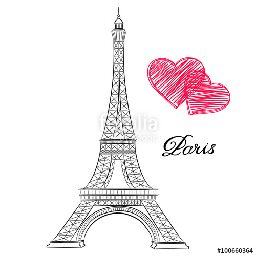 500x500 Sketch Of Paris, Eiffel Tower With Hearts. Vector Illustration - Torre Eiffel Sketch