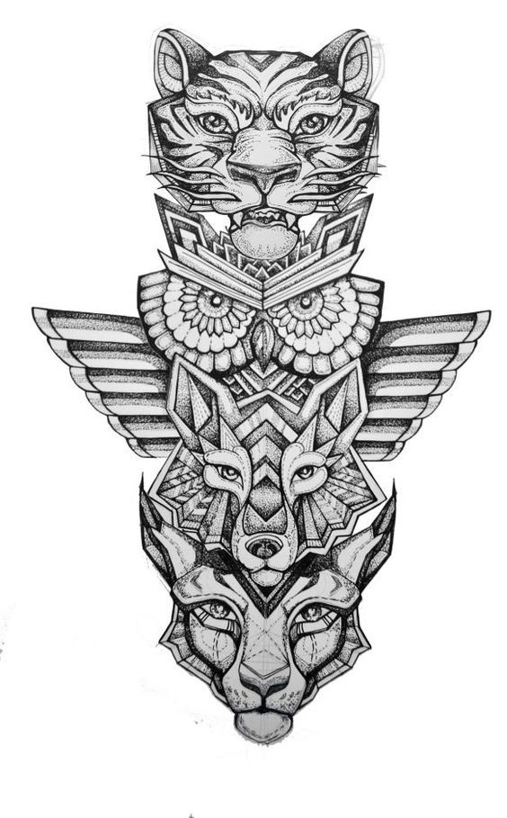 564x909 Spirit Animal Totem Pole Tiger + Owl + Wolf + Lynx Geometric - Totem Pole Sketch