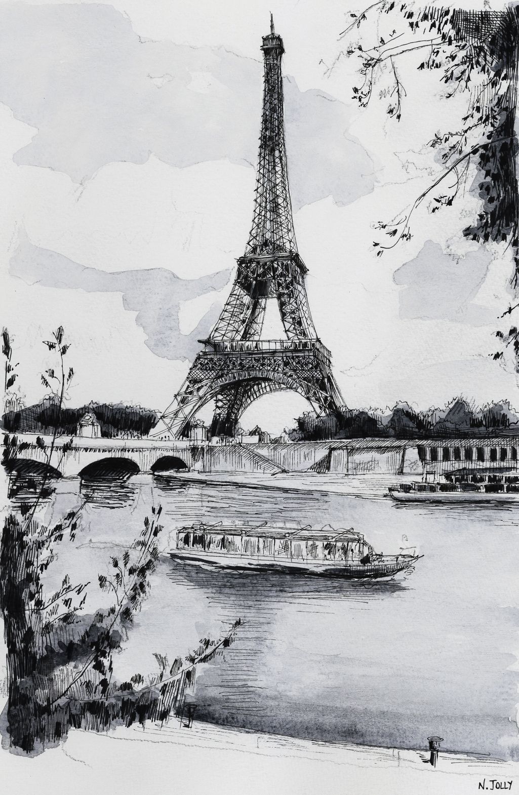 1025x1570 Watercolor Aquarelle La Seine Et La Tour Eiffel Sketch - Tour Eiffel Sketch