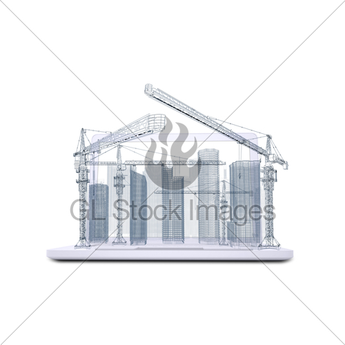 500x500 Tower Crane And Skyscrapers On The Laptop Gl Stock Images - Tower Crane Sketch