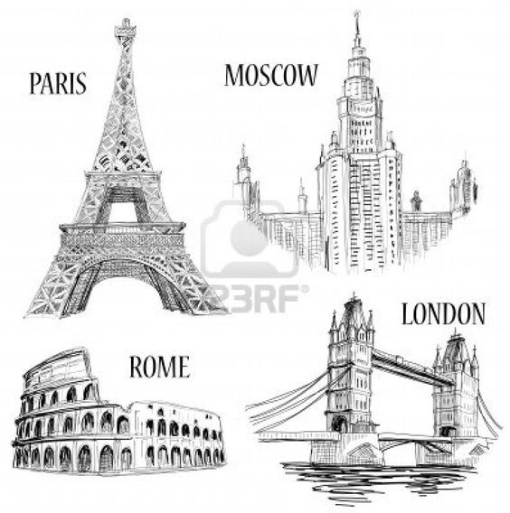 564x568 European Cities Symbols Sketch Paris (Eiffel Tower), London - Tower Of London Sketch