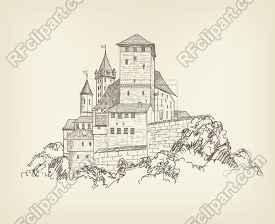 400x326 Ancient Castle Landscape Engraving. Tower Sketch. Vector Image - Tower Sketch