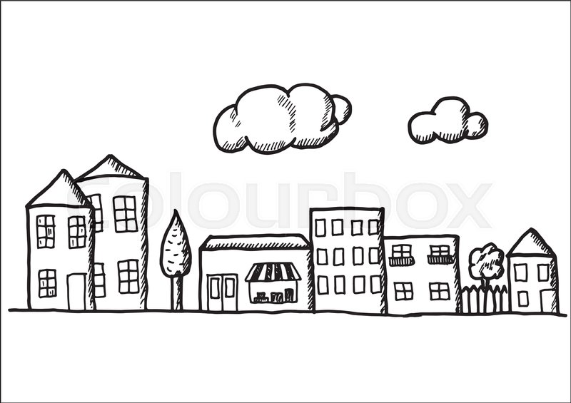 800x565 Hand Drawn Doodle Town. Black Pen Objects Drawing. Design - Town Sketch