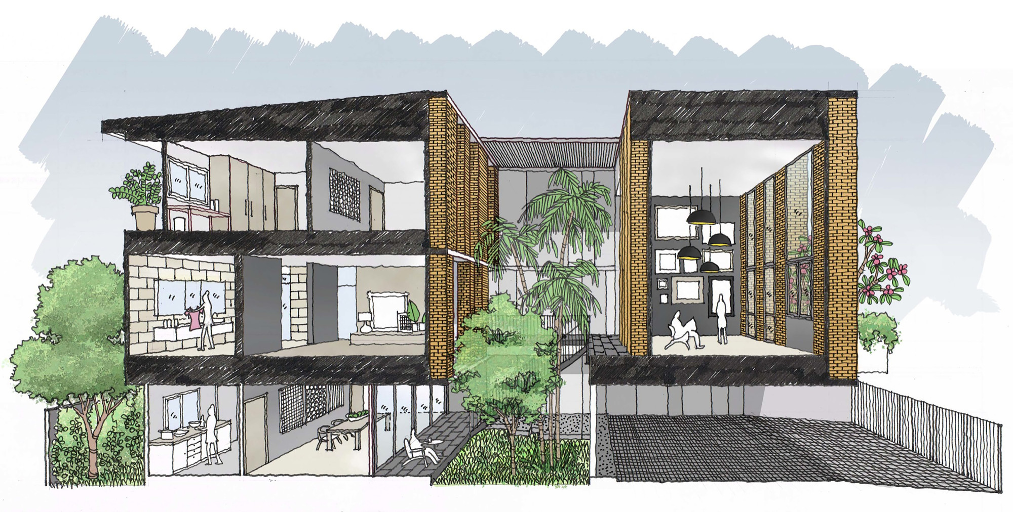 2000x1012 Gallery Of Townhouses With Private Courtyards Baan Puripuri - Townhouse Sketch