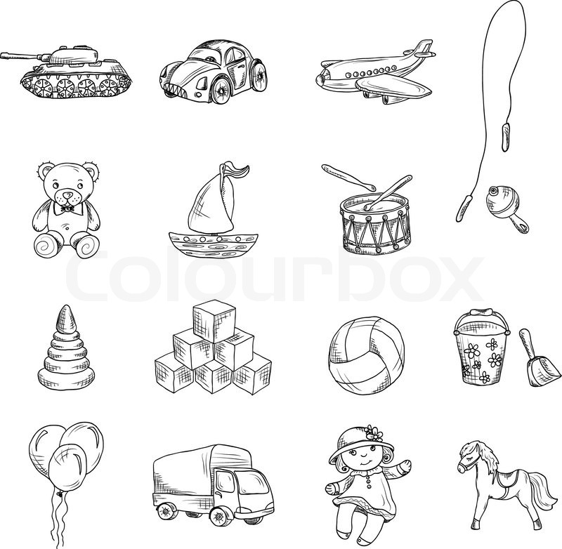 800x782 Vintage Kids Toys Sketch Icons Set Of Teddy Bear Doll Airplane Car - Toy Car Sketch
