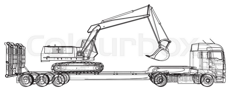 800x316 Low Bed Truck Trailer And Excavator. Abstract Drawing. Tracing - Tractor Trailer Sketch