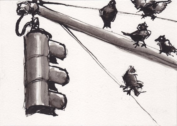 570x407 Pen And Ink Sketch Drawing Nyc Traffic Light Pigeons Black Etsy - Traffic Light Sketch