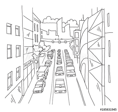 500x471 City Street Traffic Jam Linear Perspective Sketch Road View. Cars - Traffic Sketch