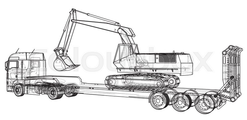 800x388 Low Bed Truck Trailer And Excavator. Abstract Drawing. Tracing - Trailer Sketch