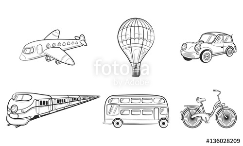 500x300 Hand Draw Sketch Transportation Travel Icons Plane, Train, Bus - Train Car Sketch