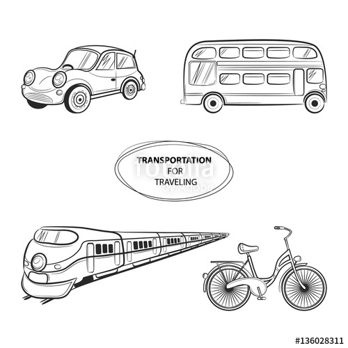 500x500 Hand Draw Sketch Transportation Travel Icons Train, Bus, Car - Train Car Sketch