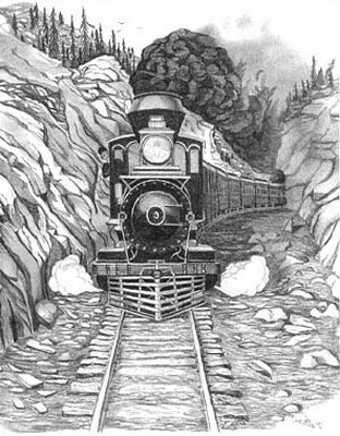 312x400 Train Coming Through The Pass Pencil Sketch - Train Sketch Images
