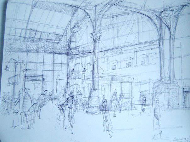 604x453 Briony Howell Fine Art Drawings Sketch Book 1 Train Station 1 - Train Station Sketch