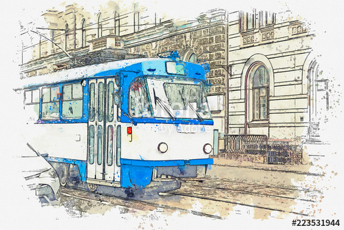 500x334 Sketch With Watercolor Or Illustration Of A Traditional Old Tram - Tram Sketch