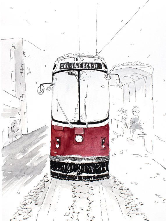 570x760 Toronto Tram Sketch Print, Canada Souvenir, Snow Scene, Large - Tram Sketch