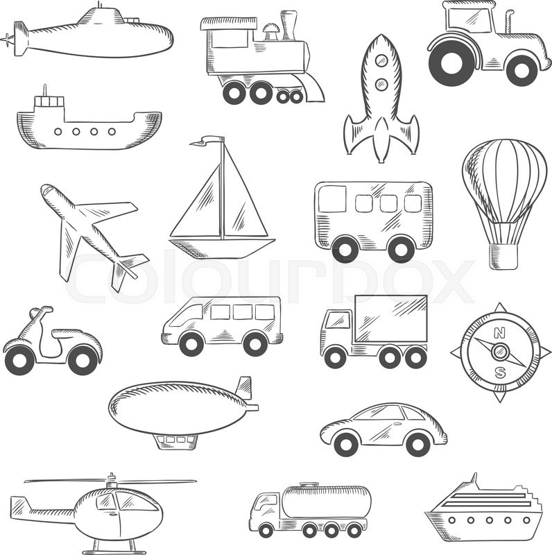 796x800 Transportation Icons Set With Silhouettes Of Cars, Buses, Train - Transport Sketch