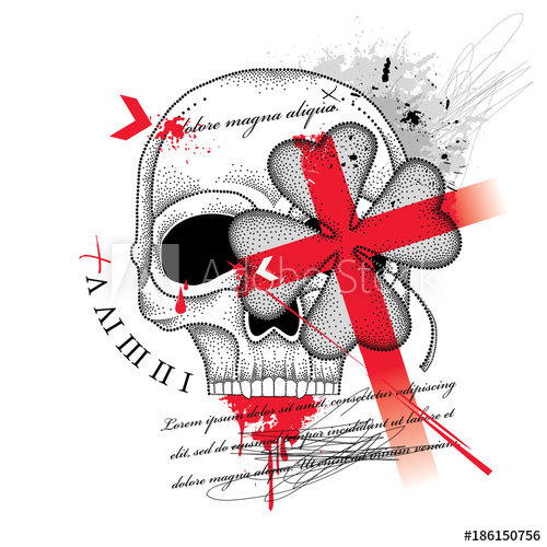 500x500 Vector Drawing Dotted Skull, Abstract Cross And Lucky Four Leaf - Trash Polka Sketch