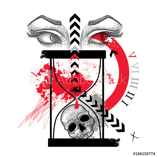 500x500 Vector Drawing Dotted Skull, Woman Eyes, Abstract Arrow And - Trash Polka Sketch