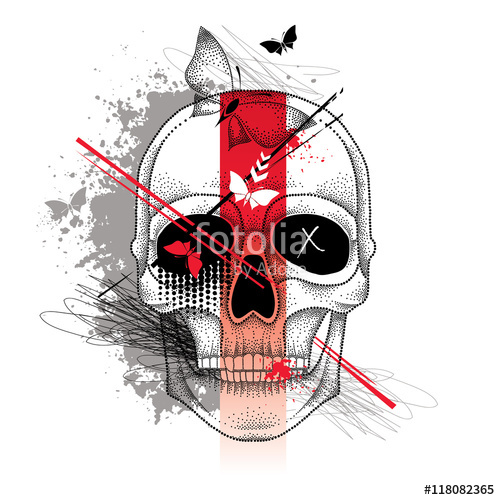 500x500 Vector Illustration With Dotted Skull, Abstract Lines, Butterflies - Trash Polka Sketch