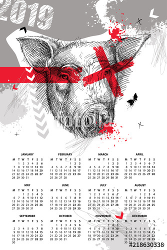 334x500 Vector Wall Calendar For 2019 Year In Trash Polka With Sketch Head - Trash Polka Sketch