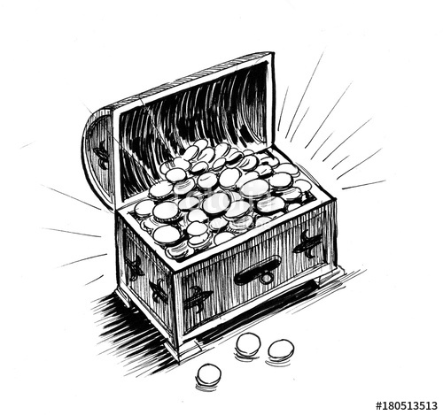 500x469 Ink Drawing Of A Treasure Chest Full Of Golden Coins Stock Photo - Treasure Sketch