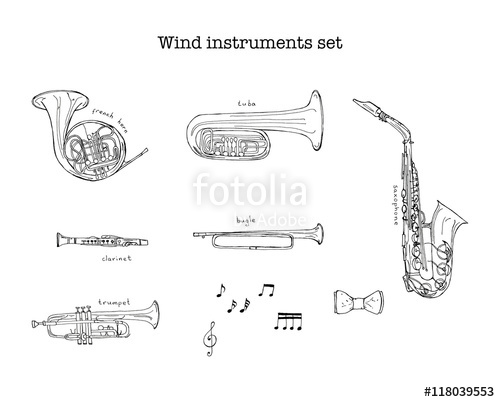 500x402 Hand Drawn Sketch Illustration Of Wind Instruments Set With Treble - Treble Clef Sketch