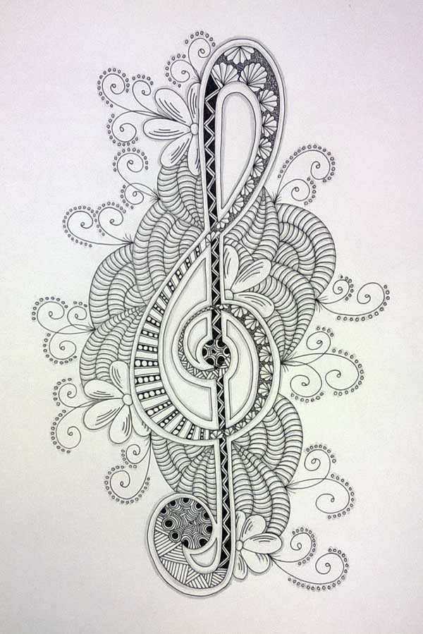 600x899 Zentangle Treble Clef Black Flower Creative - Treble Clef Sketch