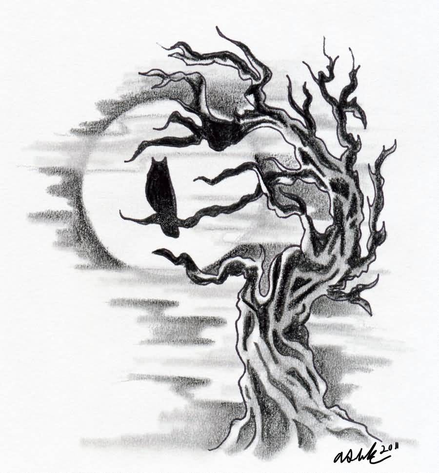 900x970 45 Simple Owl Tree Tattoos - Tree Sketch Tattoo