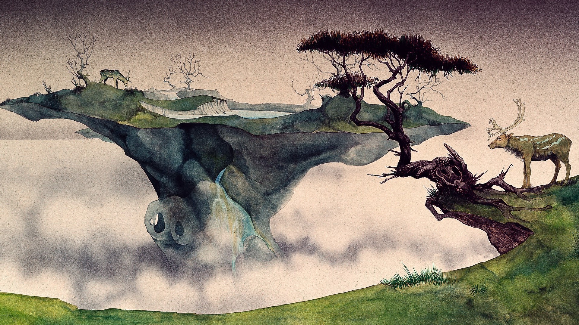 1920x1080 Wallpaper Trees, Drawing, Painting, Illustration, Deer, Animals - Tree Sketch Wallpaper