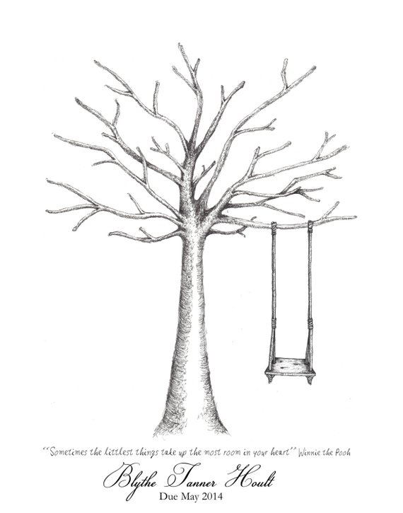 570x725 Tree With Swing Fingerprint Guestbook Birthday Party Baby Etsy - Tree Swing Sketch