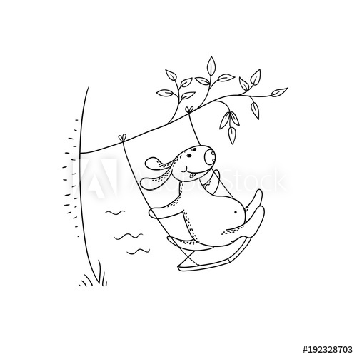 500x500 Vector Black White Sketch Funny Cartoon Puppy. Character Dog - Tree Swing Sketch
