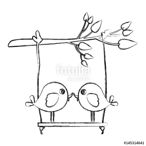 500x500 Monochrome Sketch Of Tree Branch With Swing And Couple Of Birds In - Tree Swing Sketch