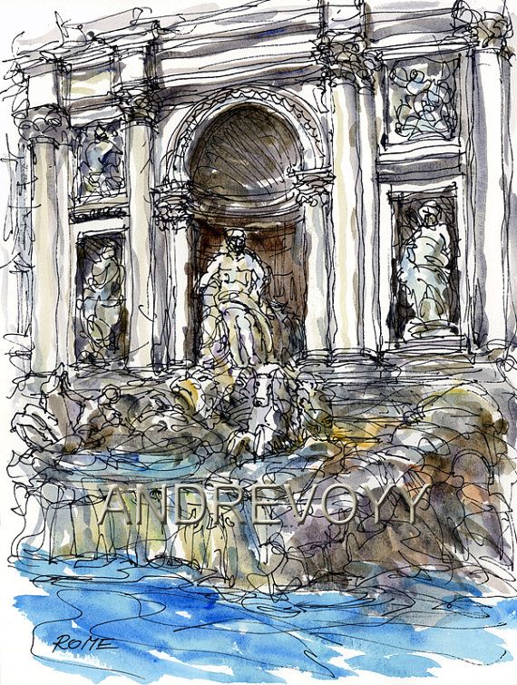 570x755 Rome Trevi Fountain Art Print From An Original Watercolor Painting - Trevi Fountain Sketch