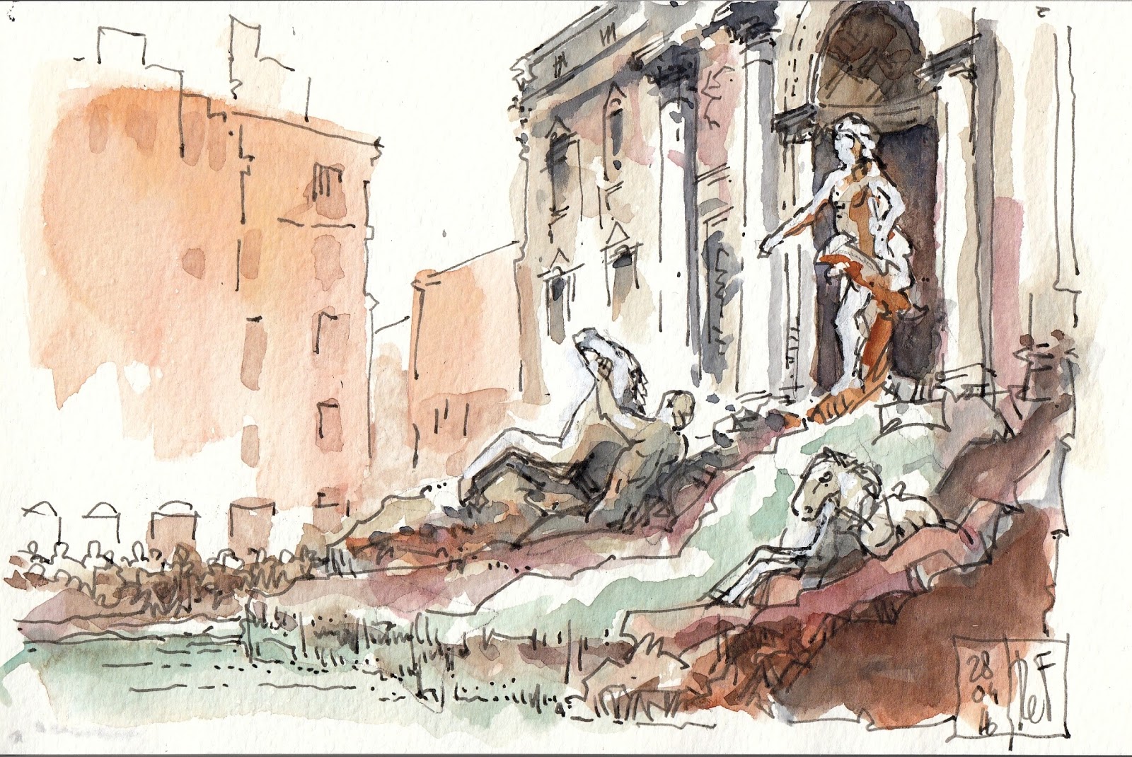 1600x1070 Rene Fijten Sketches Rome Trevi Fountain - Trevi Fountain Sketch