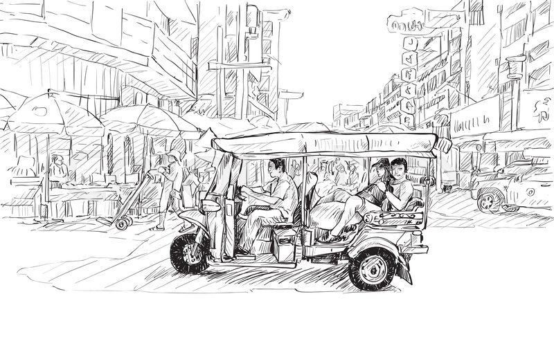 800x503 Sketch Cityscape Of Chiangmai, Thailand, Show Local Motor Tricycle - Tricycle Sketch