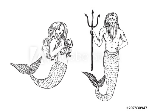500x375 Mermaid And Neptune Holding Trident, Hand Drawn Outline Doodle - Trident Sketch