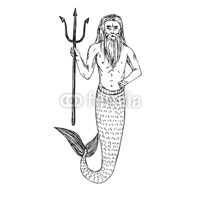 400x400 Neptune Holding Trident, Hand Drawn Outline Doodle Sketch, Black - Trident Sketch