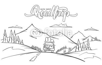 400x257 Vector Illustration Hand Drawn Mountains Landscape With Rides Car - Trip Sketch