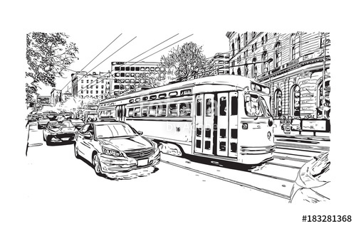 500x318 Sketch Illustration Of Trolley Car Moves Through The Street In San - Trolley Sketch