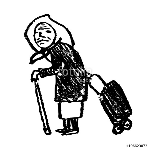 500x500 Vector Old Woman With Walking Stick And Trolley Bag Sketch Stock - Trolley Sketch