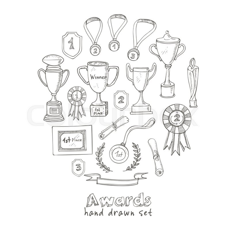 800x800 Set Of Decorative Sketch Award With Trophy, Medal, Winner Prize - Trophy Sketch
